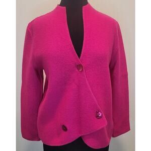 VTG 80s Avant Garde Fuchsia Pure New Wool Asymmetrical Button Cardigan M